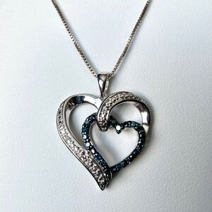 Sterling Silver Heart Pendant Blue White Diamond Necklace 16" Box Chain SUN 925